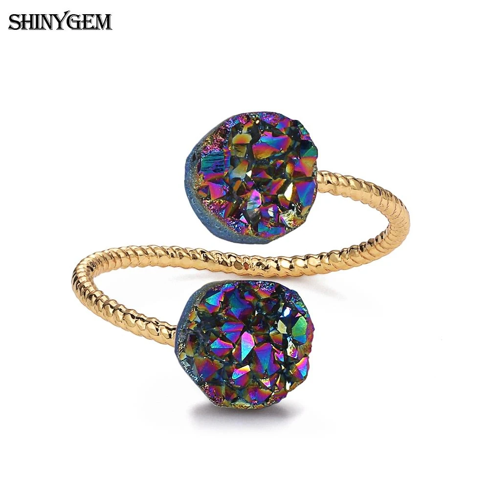 shinygem trendy jewelry irregular round natural druzy crystal adjustable rings for women wedding party