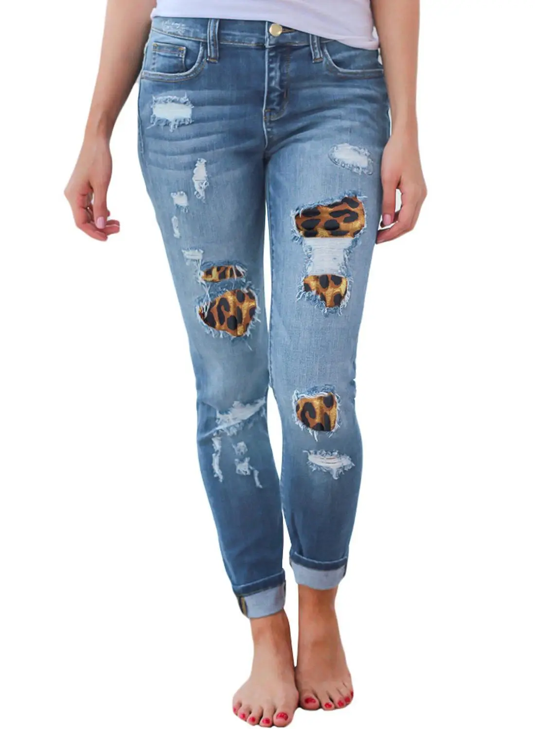 Venda imperdível calças jeans femininas rasgadas estampa de leopardo fashion stretch skinny jeans calças lápis casual de rua calças jeans hipster da moda