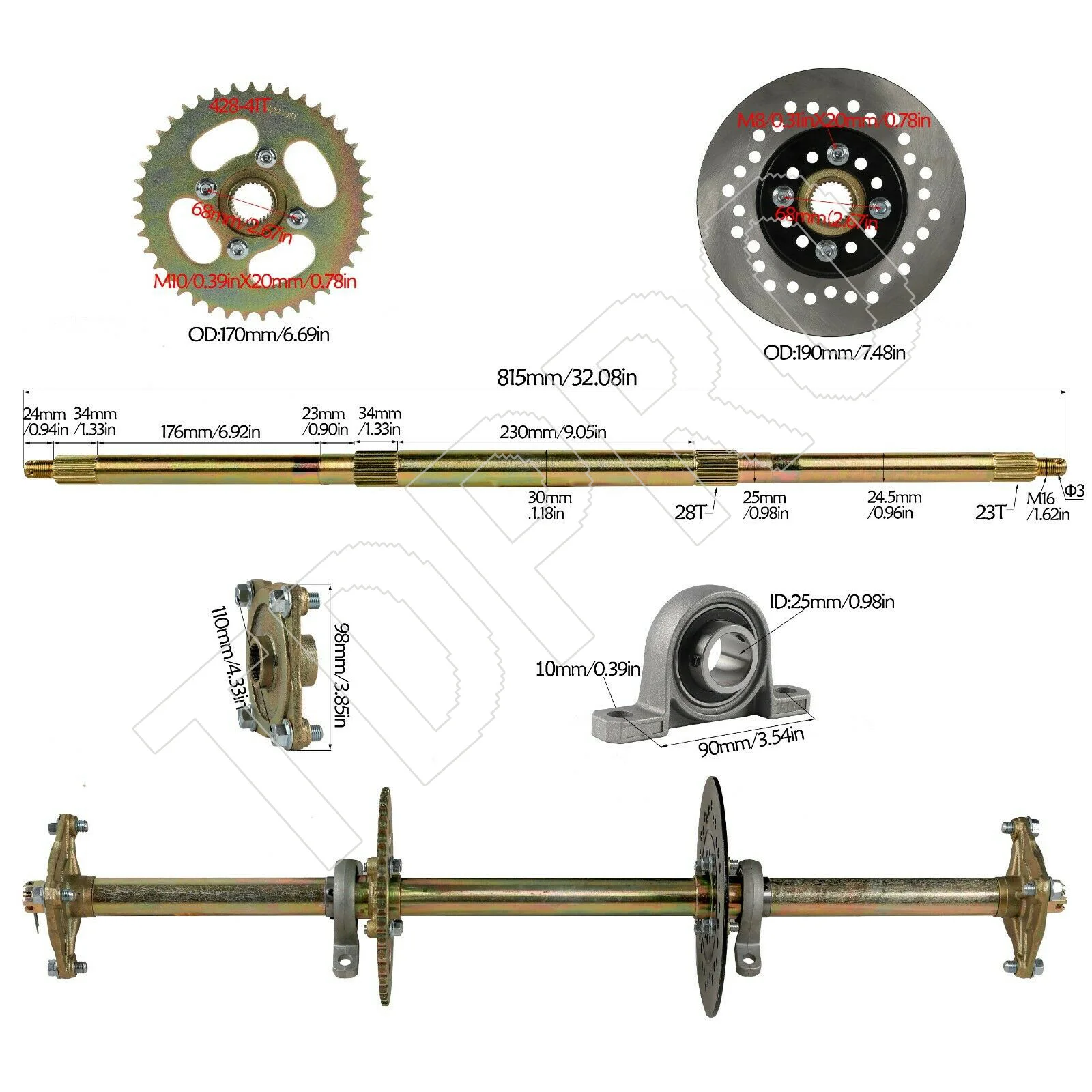 Drift Trike Rear Axle Hub kit +Sprocket Chain +Disc ATV Quad go kart Mini Buggy