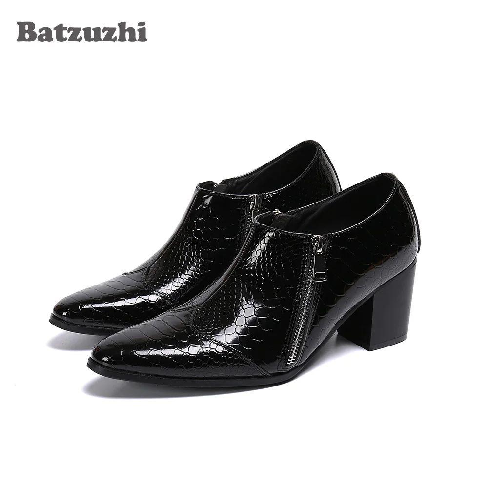 

Batzuzhi Black Leather Dress Shoes 6.8cm High Heel Men's Leather Shoes Pointed Toe Zip Men Designer's Zapatos Hombre Party,38-46