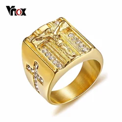 Vnox Punk Jesus Christ Cross Chunky Ring for Men Stainless Steel Crystals Religion Prayer Male Hip-hop Jewelry Gold Color