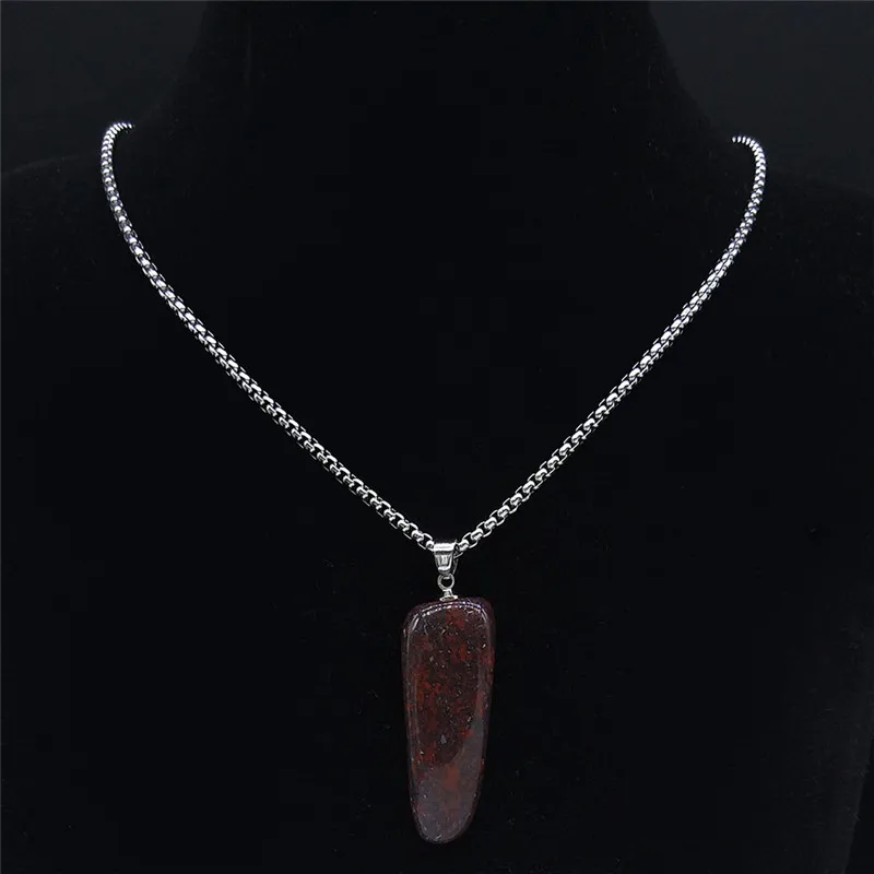 Irregular Bloodstone Pendant Necklace Stainless Steel Chain Gem Stone Healing Energy Necklace Jewelry Reiki Healing Gift NDD19-2