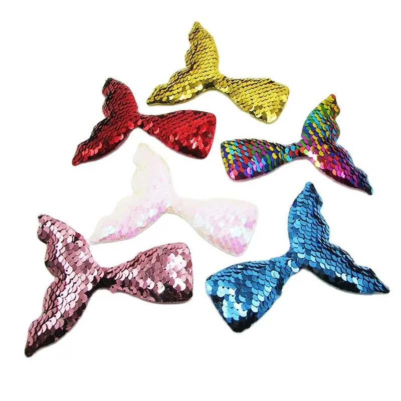 12pcs/lot 9x8.5cm Sequin Mermaid Tail With hole Padded Patches for Keychain Fish Tail Appliques for Clothing Sewing