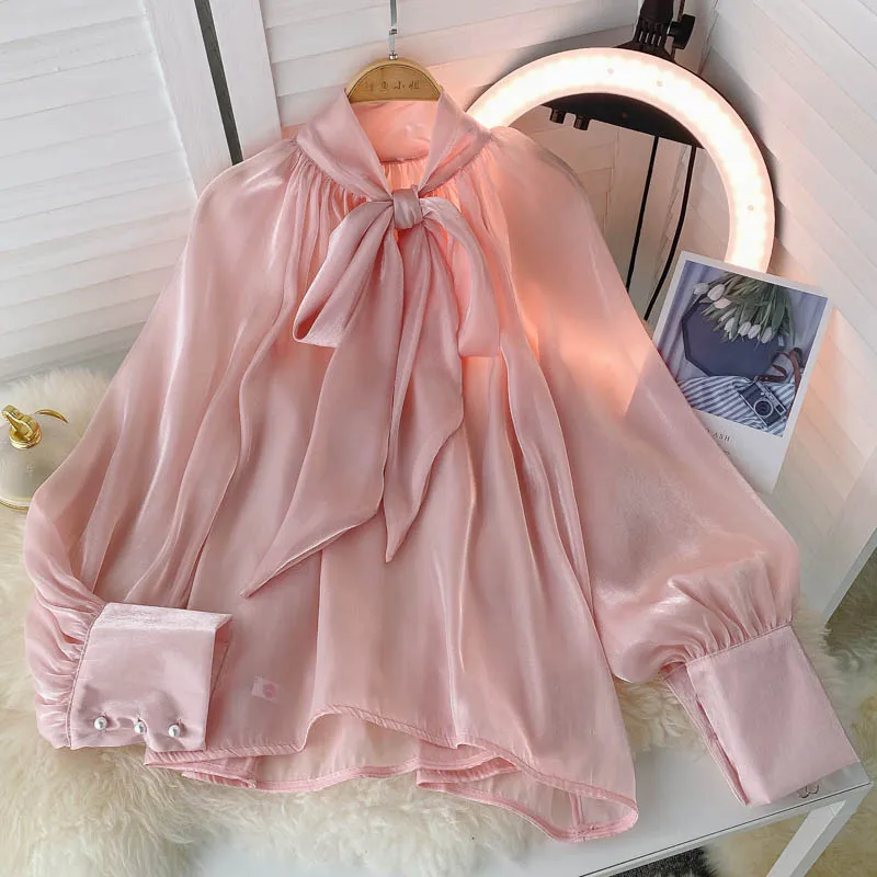 2022 Autumn New Style Shirt Female Bow Tie Collar Retro Bubble Long-Sleeved Elegant Blouse Women