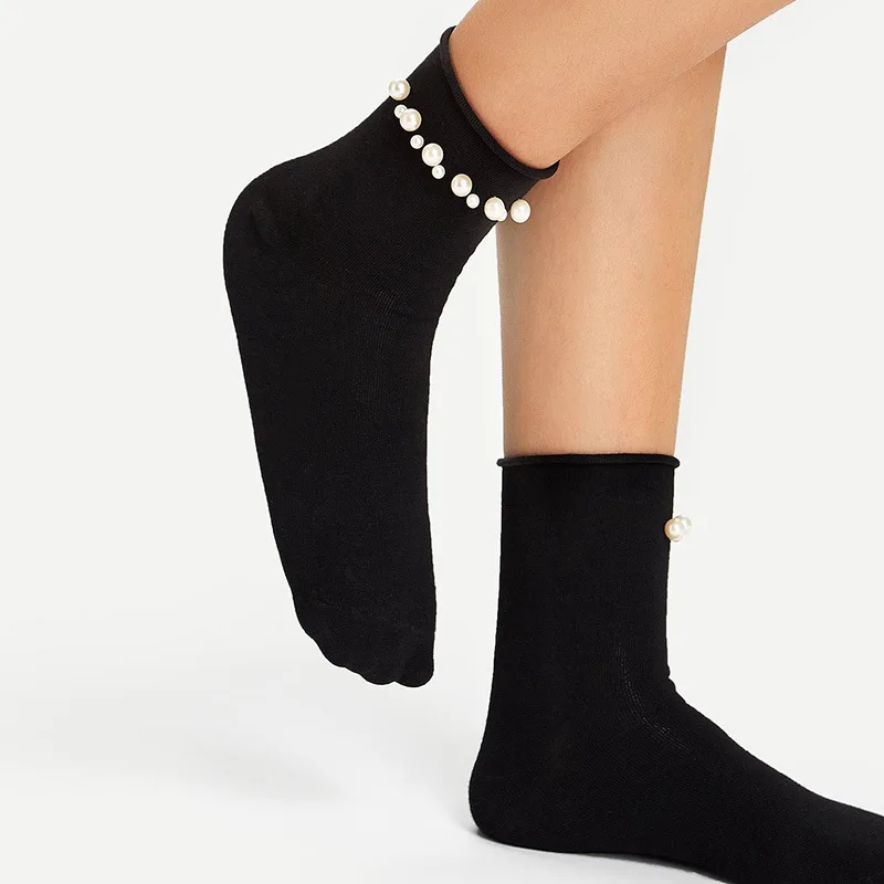 Chaussettes coréennes en coton avec perles pour femmes, Tube moyen, pour loisirs, à la mode