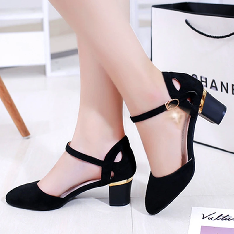 Women Cute Sweet Black Buckle Strap Square Heel Shoes for Office Lady Classic Comfort Summer Heel Pumps Zapato Tacon E5986