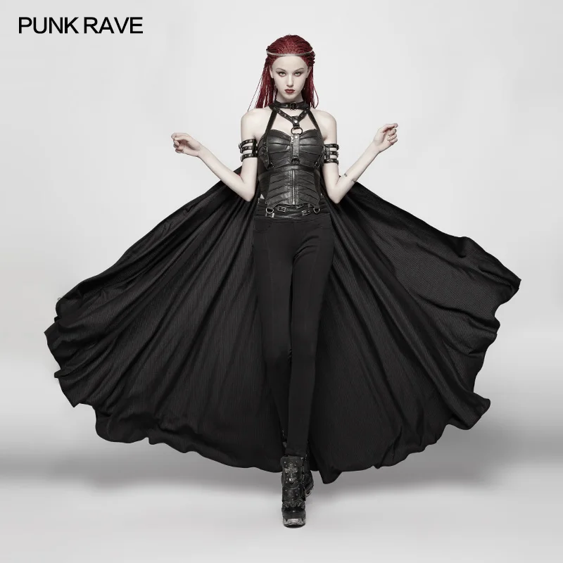 PUNK RAVE Women's Punk Cape, Black Polyester Viscose Chain Halter Neck Flowing Maxi Cloak WY968