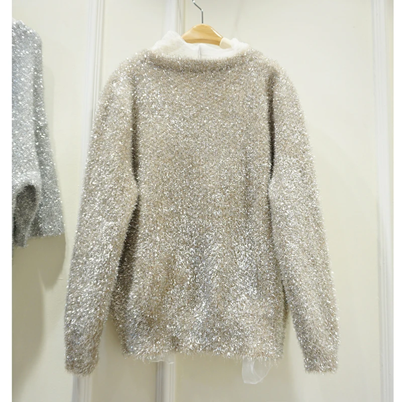 Korean Fashion Knit Sweater V-Neck Shiner Imitated Mink Cashmere Cardigan Pearl Button Design Chic Female Harajuku Sweater Coat