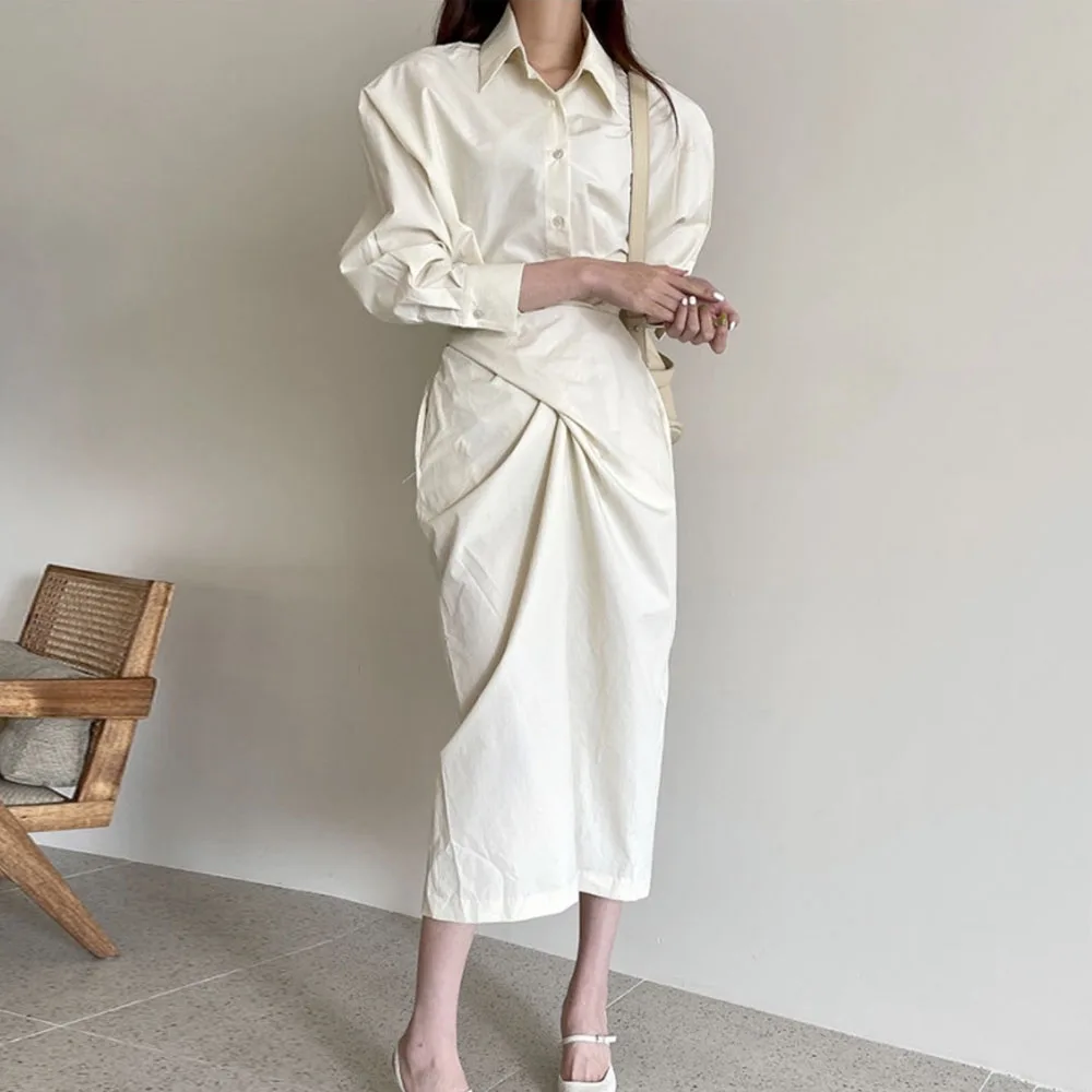 

Korean Fashion Design 2021 Autumn New Dress Simplicity Lapel High Waist Cross Solid Color Long Sleeve Simplicity Loose Women