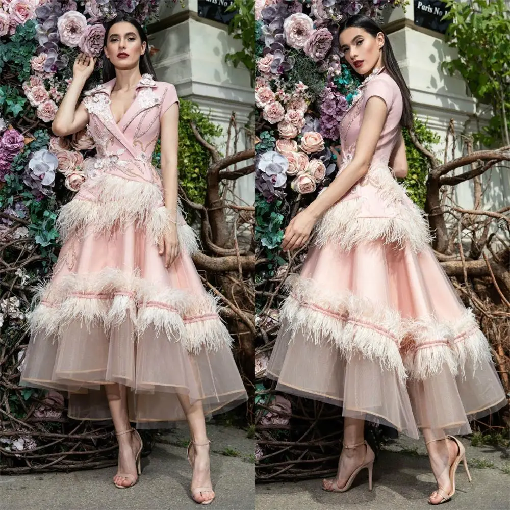 Pink Feather Prom Dresses V Neck 3D Flower Appliqued Beaded Celebrity Party Gowns Tea Length Costume Formal Evening Dress