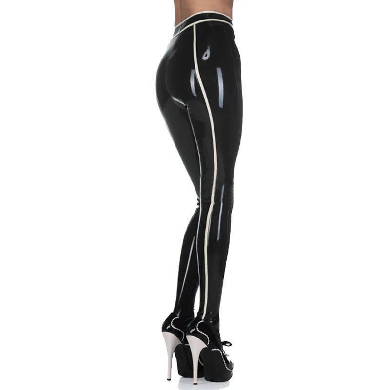 

Natural Latex Women Pants Black and White Back Strips Slim Rubber Leggings Attached Costumes Handmade S-LTW048