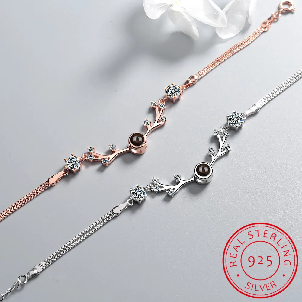925 ayar gümüş noel boynuzları bilezikler kadınlar için hediye zirkonya projeksiyon takı Bileklik Pulseras S-B244
