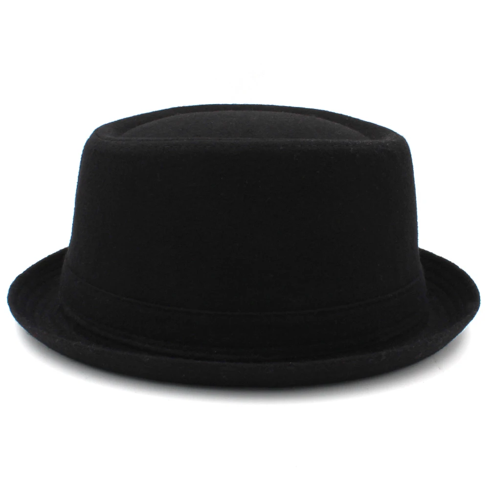 Men Women Black Wool Blend Pork Pie Hats Fedora Caps Trilby Sunhat Jazz Party Outdoor Travel Street Style Size US 7 3/8 UK L