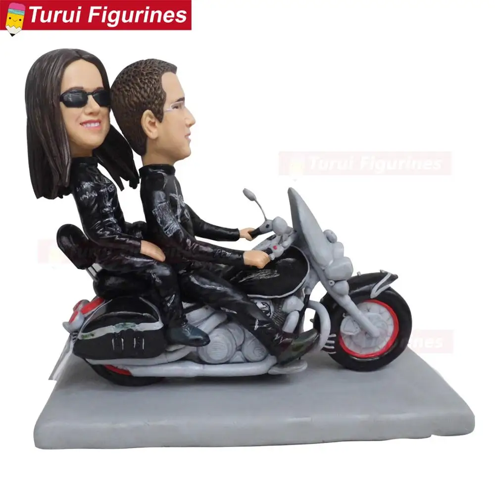 couple riding old motorcycle sculpture polymer clay dolls mini statue cake toppers