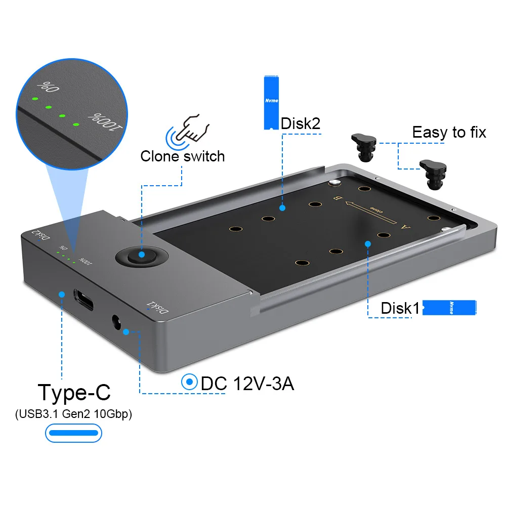 New Nvme HDD Enclosure M.2 , Dual HDD Enclosure Positions, Support Offline Copy Of Solid State Hard disk box USB3.1 GEN 2（10Gbps