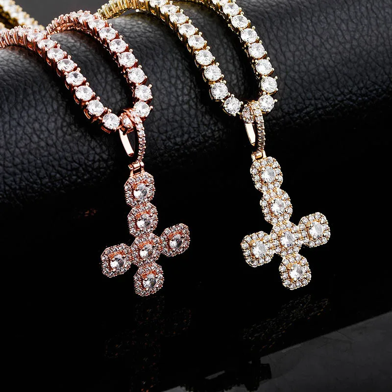 Hip Hop Claw Setting AAA+ CZ Stone Bling Iced Out Solid Invert Cross Pendants Necklaces for Men Rapper Jewelry Drop Shipping