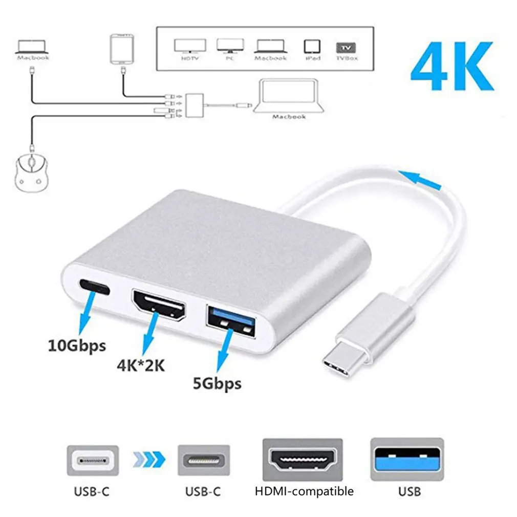 Кабель-конвертер 3 в 1 Type-C в HDMI, совместимый с устройствами Apple Macbook, USB 3,1, Thunderbolt 3, переключатель Type-C, 4K, концентратор 1080P