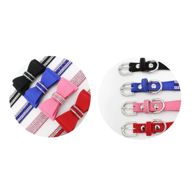 XXS~L Size Glitter Rhinestone Puppy Cat Collars Adjustable Leather Bowknot Dog Collars for Small Medium Dogs Cats Chihuahua Pug