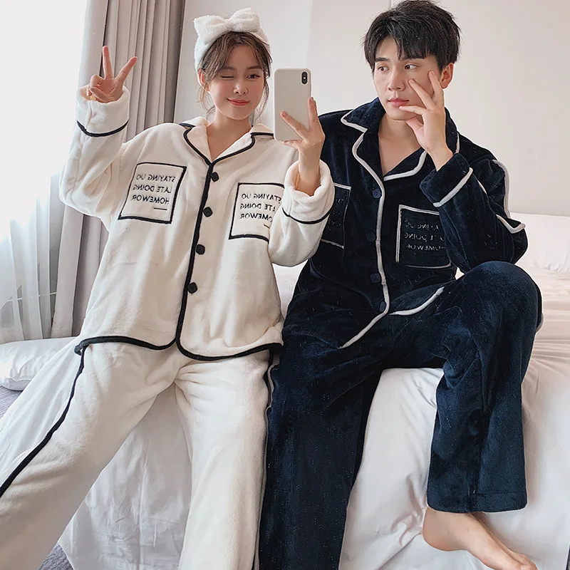 Couple Pajamas Autumn Winter Ladies Flannel Casual Nightgowns Thickened Home Service Suits Pijamas Warm Nightwear