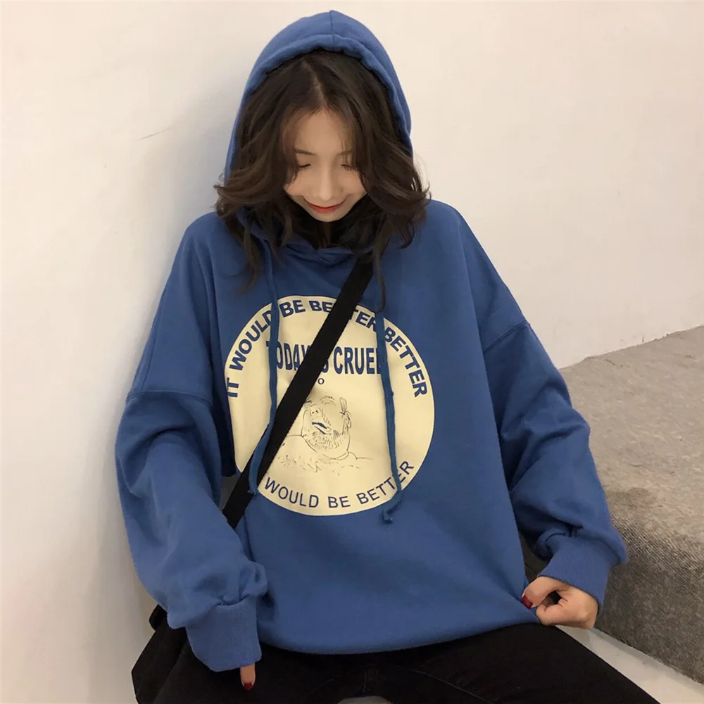 Women's Oversized Hoodies Spring Autumn Female Fashion Letter Printed Cotton Hooded Sweatshirt Student Coat