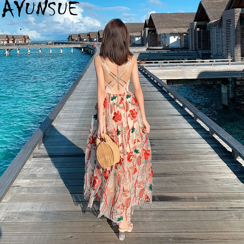 

AYUNSUE 2021 Sexy Summer Dress Women Beach Vacation Backless Woman Dresses Strap Boho Vestidos Print Floral Vestido De Mulher