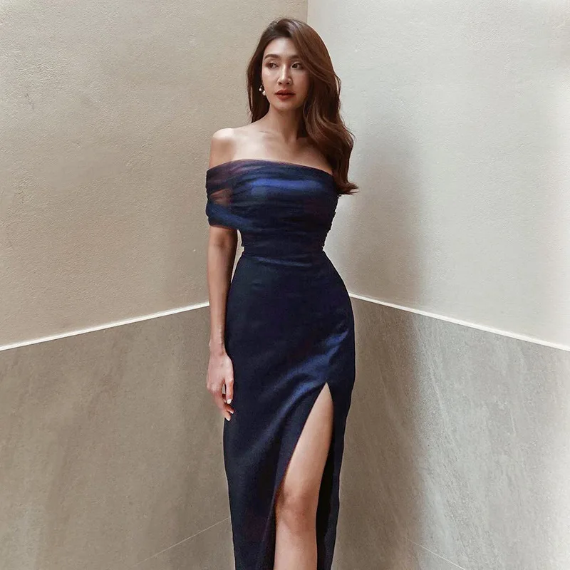 Women Elegant Satin Evening Dress Sexy Mesh Dress One-shoulder Slit Party Dresses Summer 2024