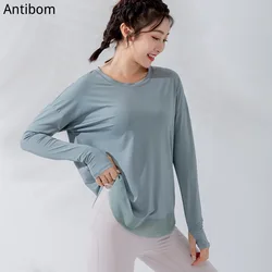 Antibom Womens Workout Yoga Shirts Long Sleeve Crop Top Fitness T-shirts Running Clothes Quick Dry Hollow Breathable Sports Gym