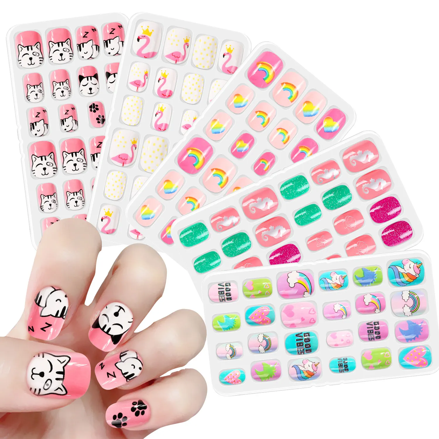 120pcs Full Cover False For Kid Nails Press On Self Adhesive Nail Manicure Tips Cartoon Fake Nails Nail Art Decoration