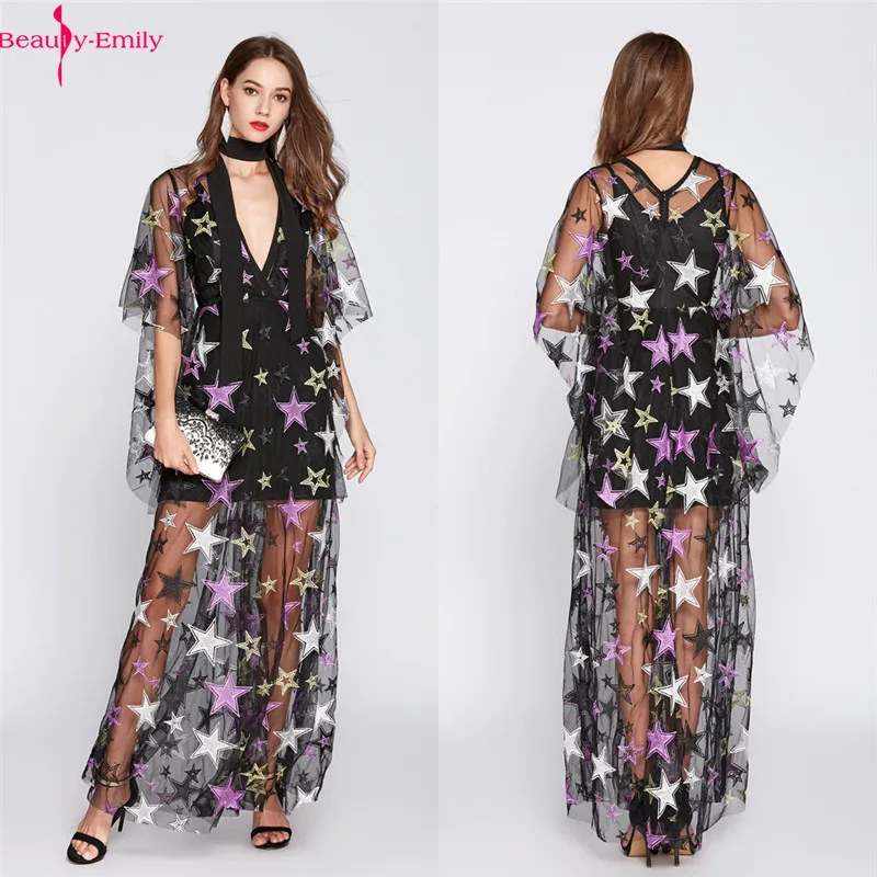 

Beauty Emily Long Tulle Evening Dress Sexy V Neck Half Sleeve Party Dress Tulle Appliques zipper Back Evening Dresses 2019