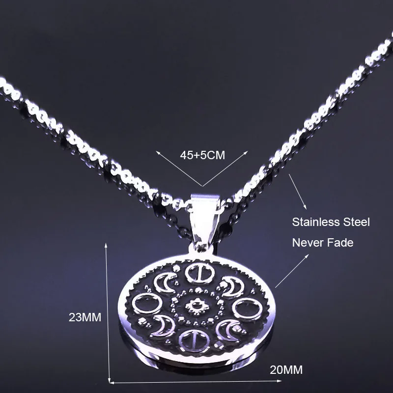 Fashion Lunar Cycle Moon Phase Stainless Steel Black Enamel Pendant Necklace Round Galaxy Necklace For Women Men Jewelry N2057-2