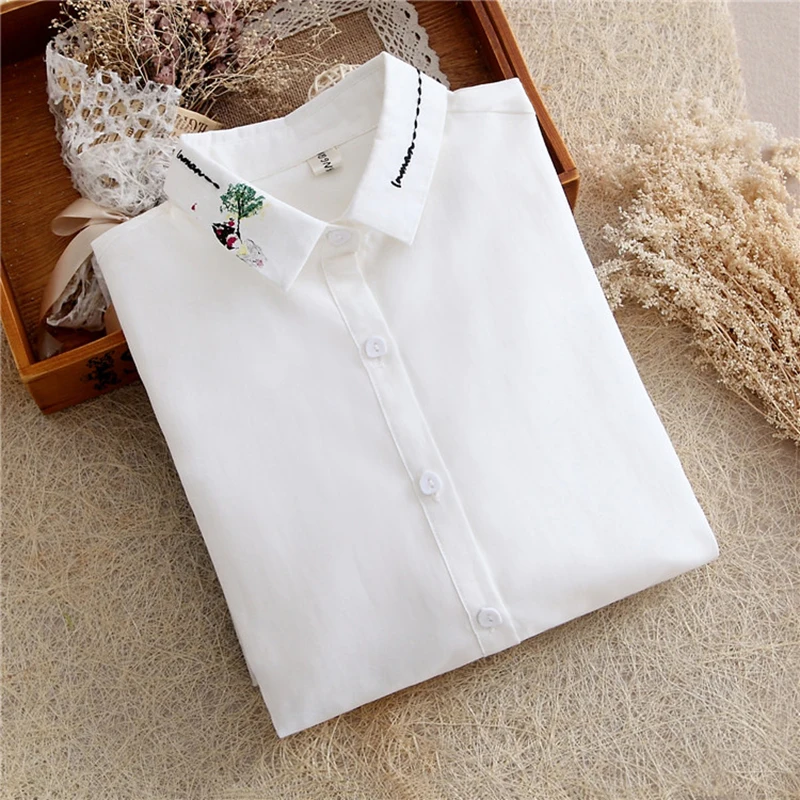 Shirts Women White Floral Cartoon Embroidered Printing Single-breasted Pockets Turn-down Collar Womens Shirt Students All-match