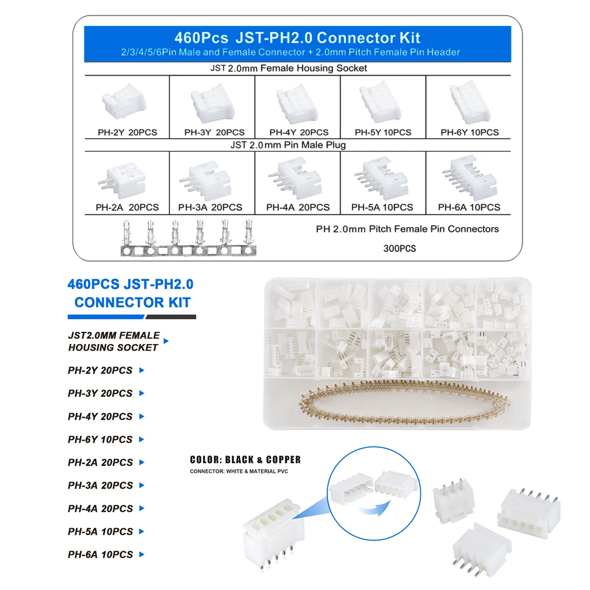 JST XH2.54 PH2.0 Male Female Connector Kit 2/3/4/5/6 Pin Plug with Terminal Wires Cables Socket Header Wire Connectors Kit