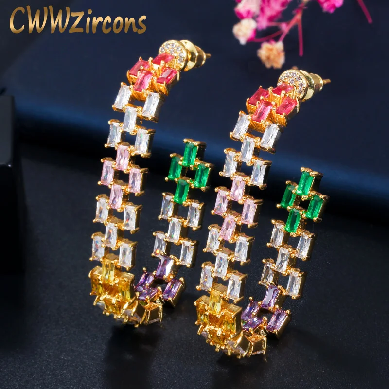 CWWZircons Multicolored Full Baguette Cubic Zircon Large Hoop Earrings for Women Fashion Jewelry Party Brincos feminino CZ643