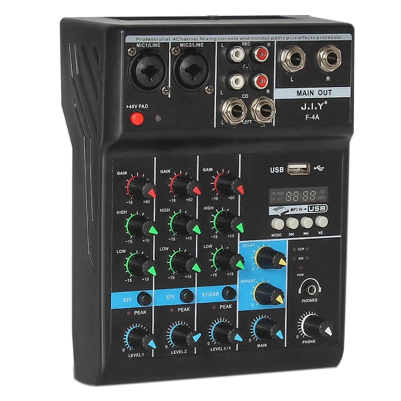 Console di amplificazione per Mixer Audio Mini USB mentale portatile a 4 canali Console di missaggio Audio Phantom con registrazione Bluetooth con scheda Audio