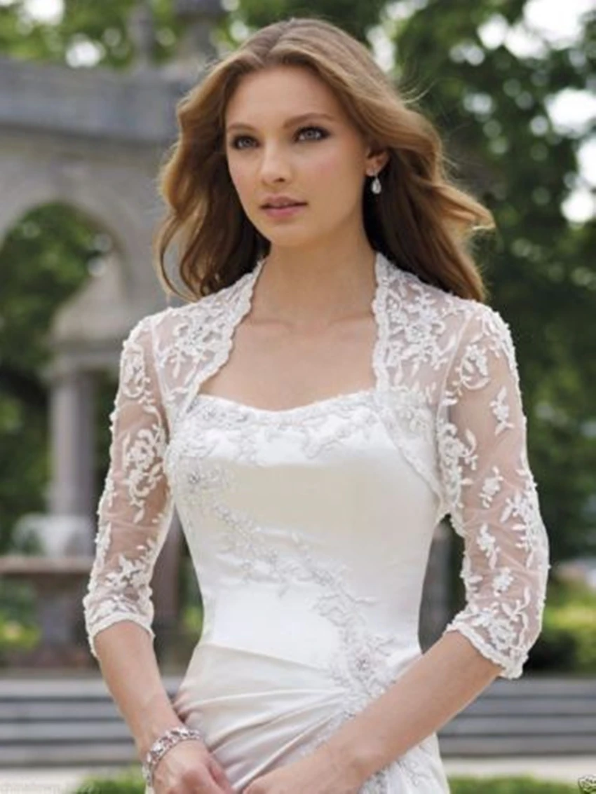 3/4 Sleeve Length Lace Wedding Jacket Bridal Bolero in White , Ivory