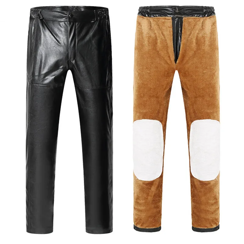 

Winter Men Leather Pants Windproof Elastic PU Leather Trousers for Motorcycle Fleece Warm Male Pants with Zipper MY606