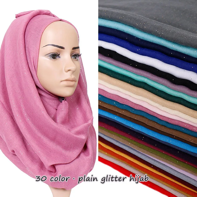 Plain Glitter Cotton Hijab Scarf Women Muslim Long Shawl Wrap Shiny Solid Color Scarves Islamic Turban Soft Women\'s Headscarf