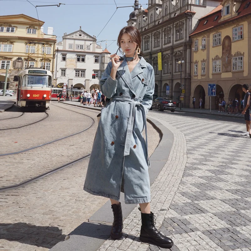 ผู้หญิง Denim Trench Coat ฤดูใบไม้ผลิและฤดูใบไม้ร่วงใหม่หลวม Denim Coats Windbreaker แฟชั่นยาวหญิงเสื้อ Manteau femme