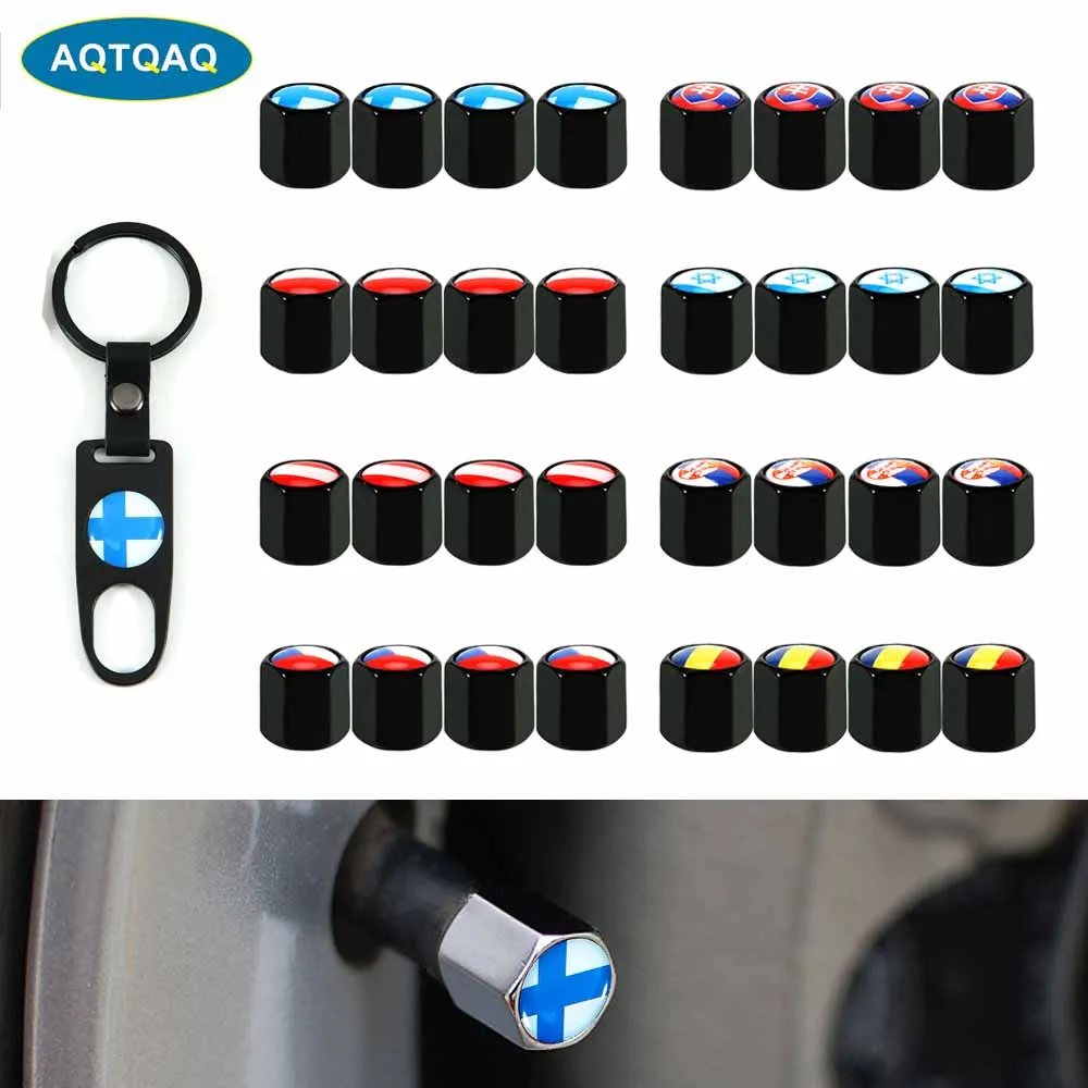 4Pcs Anti-theft National Flag Style Car Wheel Tire Valve Caps Stem Air+1Pcs Leather buckle Wrench Auto Car Accessories