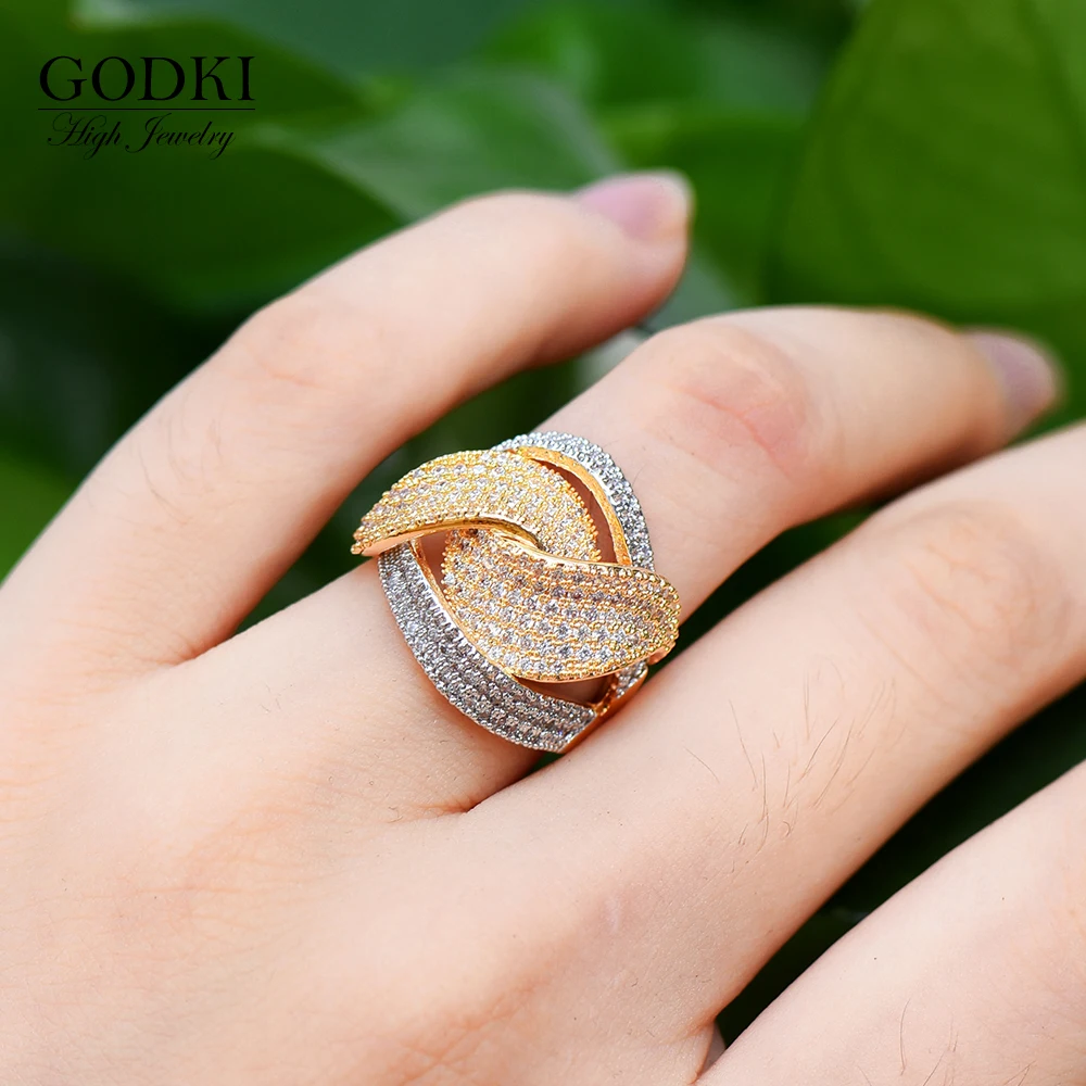 GODKI Wide Luxury 3 Tone Twist Braided Chic Rings for Women Wedding Cubic Zircon African Bridal Dubai Finger Rings Jewelry 2019