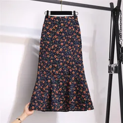 Gowyimmes 2022 Spring Women Floral Corduroy Skirt Elegant Lady High Waist Mermaid Skirts Slim Midi Long Hip Pakadge Skirt PD1136