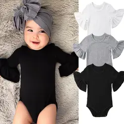 0-24M Newborn Baby Girl Flare Sleeve Solid Black White Grey Casual Romper Jumpsuit One-Piece Outfits Baby Cotton Clothes Suit