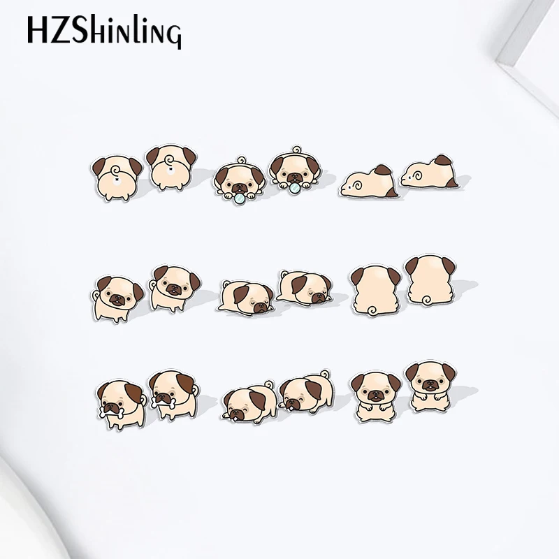 2021 Cartoon Pug Dogs Cartoon Pattern Acrylic Stud Earrings Resin Epoxy Ear Jewelry