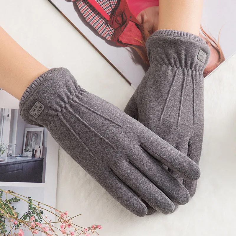 

Winter Female Double Thick Plush Wrist Warm Cashmere Cute Cycling Mittens Women Suede Leather Touch Screen Driving Glove C63