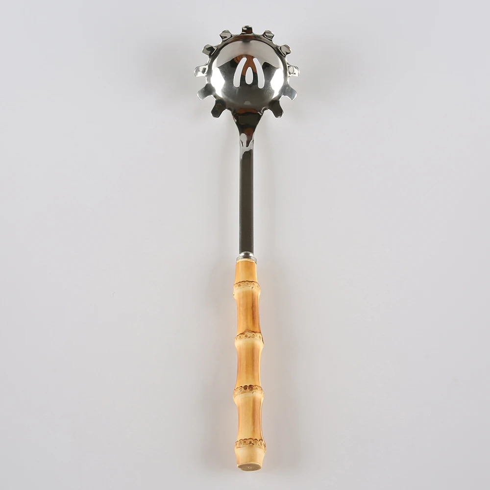 Kitchen Cooking Stainless Steel Bamboo Root Wood Handle Noodle Slotted Strainer Ladle Skimmer Spoon Fork Spaghetti Pasta Server
