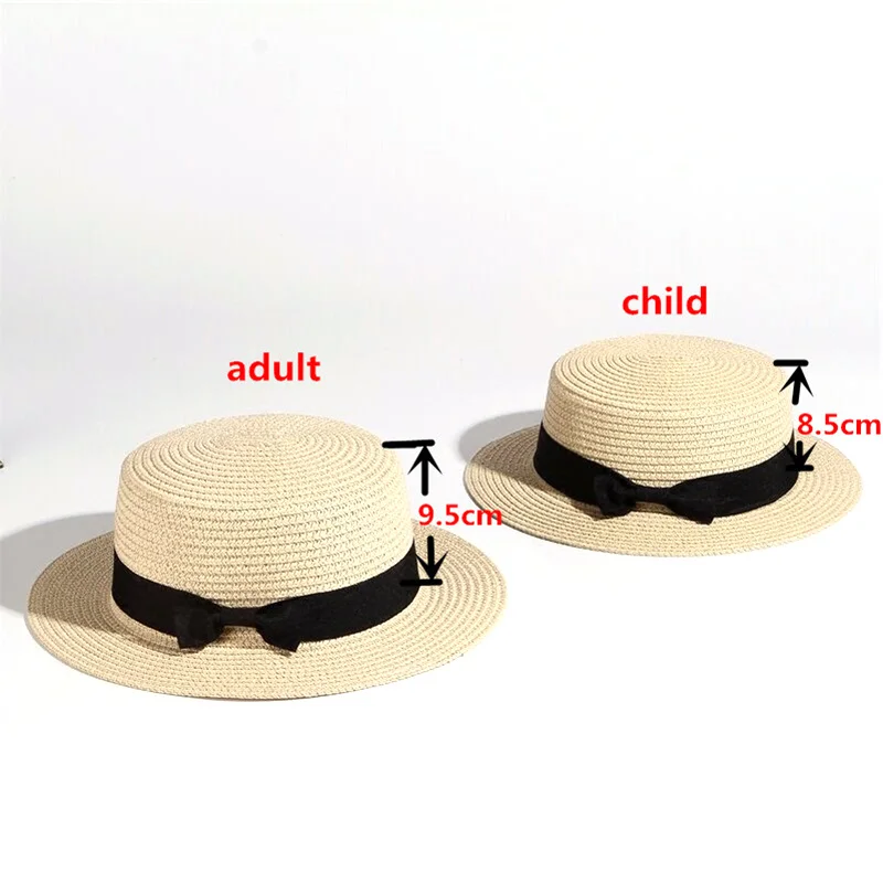 Chapeau de paille plat pour parents et enfants, vente en gros, chapeau de soleil, canotier, nœud papillon, chapeaux d\'été pour femmes, enfants et