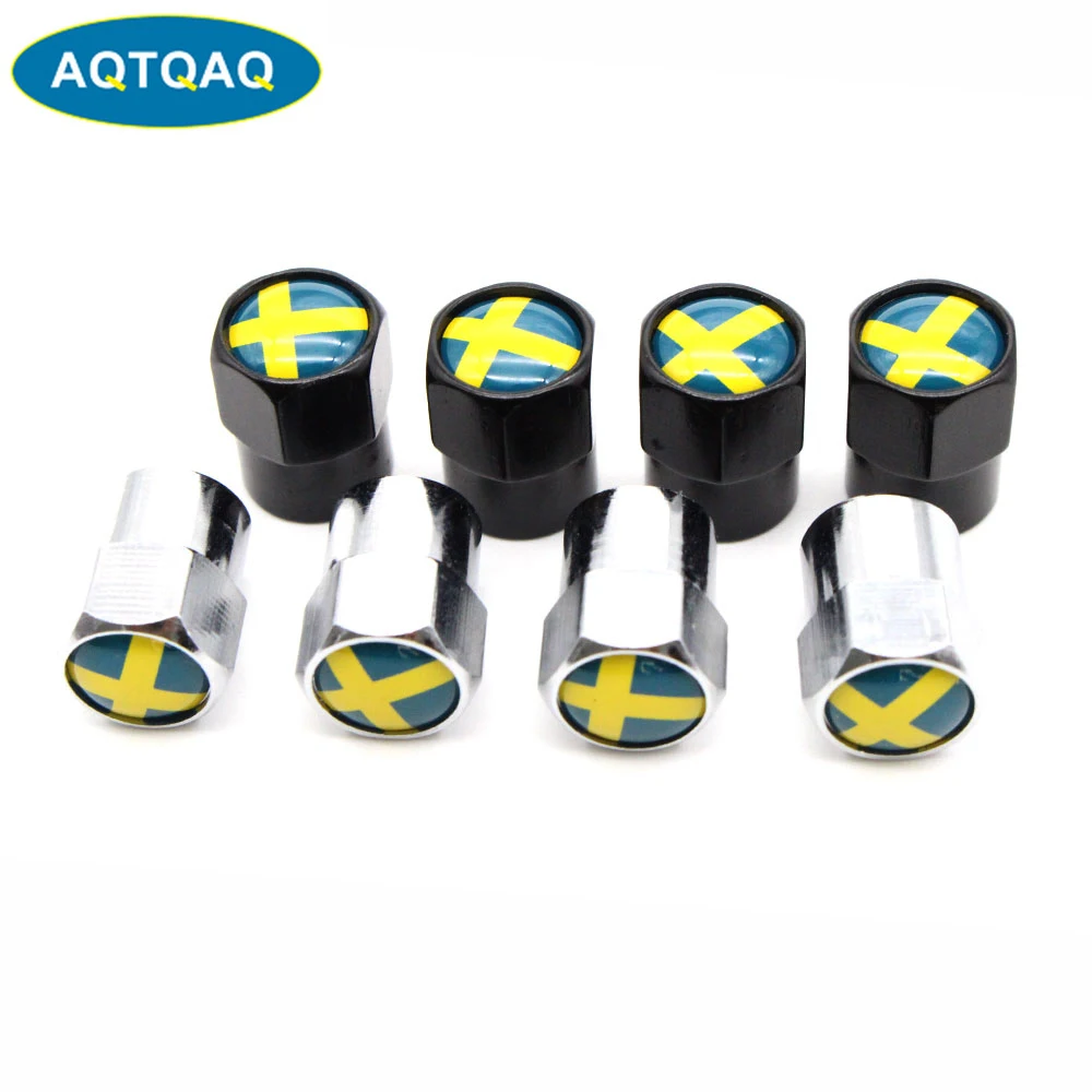 4 Pcs/Set Aluminum Alloy/Copper Sweden National Flag Tire Valve Stem Cap Tire Wheel Stem Air Valve Caps for Auto Cars