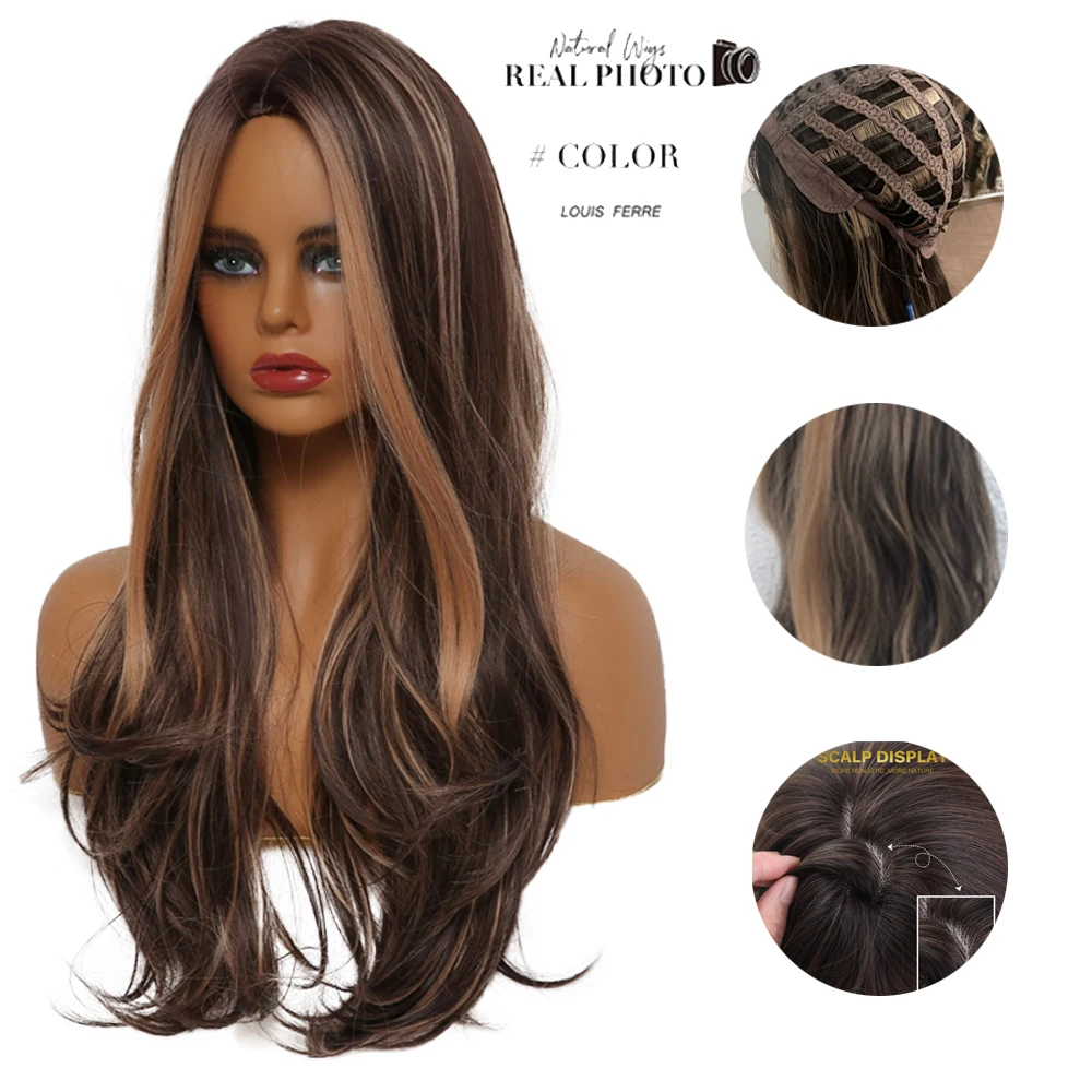 LOUIS FERRE Long Black Brown Gloden Honey Wavy Wig with Highlights Cosplay Synthetic Wigs Women Heat Resistant Middle Part Wigs