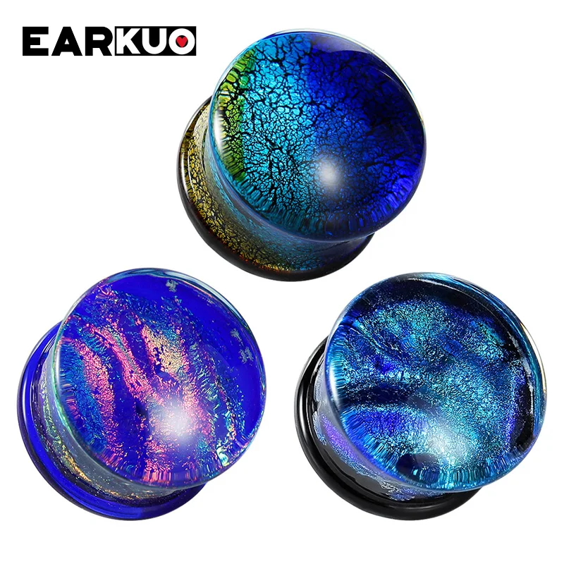 EARKUO Promotion Selling Heart Flower Milky Way Glass Ear Gauges Stretchers Piercing Body Jewelry Ear Plugs Tunnels 2PCS 6-25mm