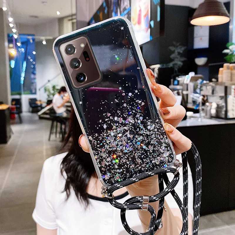 

Luxury Bling Glitter Lanyard Silicone Phone Case For Samsung Galaxy S24 S23 S22 S21 S20 FE S10 Note 20 10 Plus Ultra-thin Cover